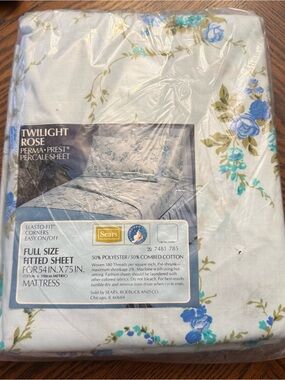 Sears Perma-Prest Full Fitted Sheet Percale Twilight Rose Blue Sealed Vintage